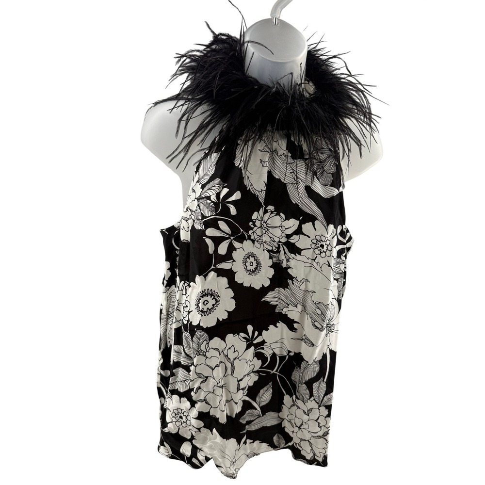 Trina Turk Black White Floral Ostrich Feather Trim Halter Top Womens Medium New